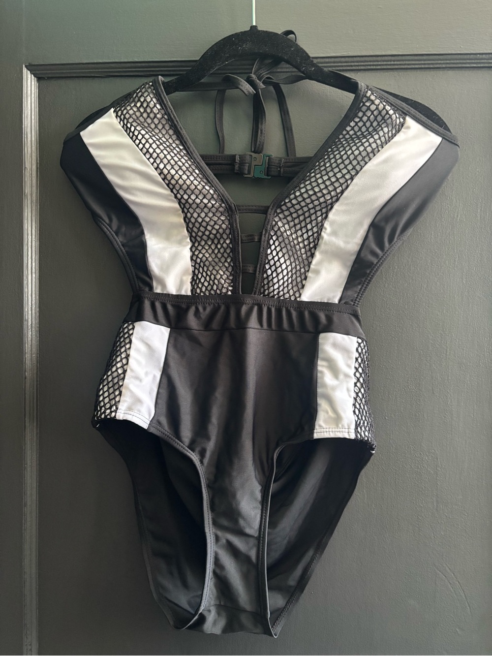SHEIN Black and White One-Piece Swimsuit with Mesh Panels Sz Lg